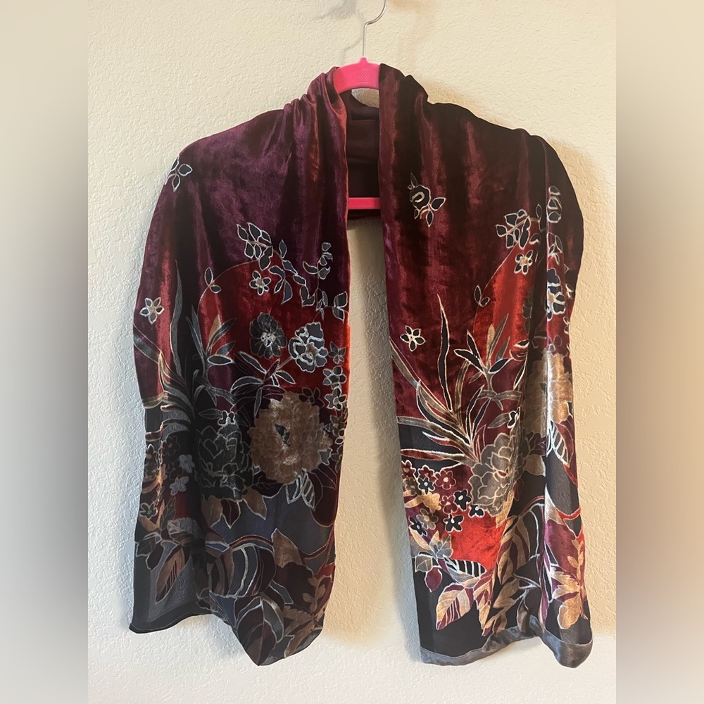 Beautiful Asian inspired floral print velvet scarf.